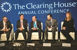Jason Goldberg, Barclays; Eugene Ludwig, Promontory Financial Group; Betsy Graseck, Morgan Stanley; Matthew Kabaker, Centerbridge Partners; Mitchell Eitel, Sullivan & Cromwell enjoy a lighthearted moment during the panel session The Future of Banking and How Regulatory Changes Will Shape the Next Decade during the Annual Conference.